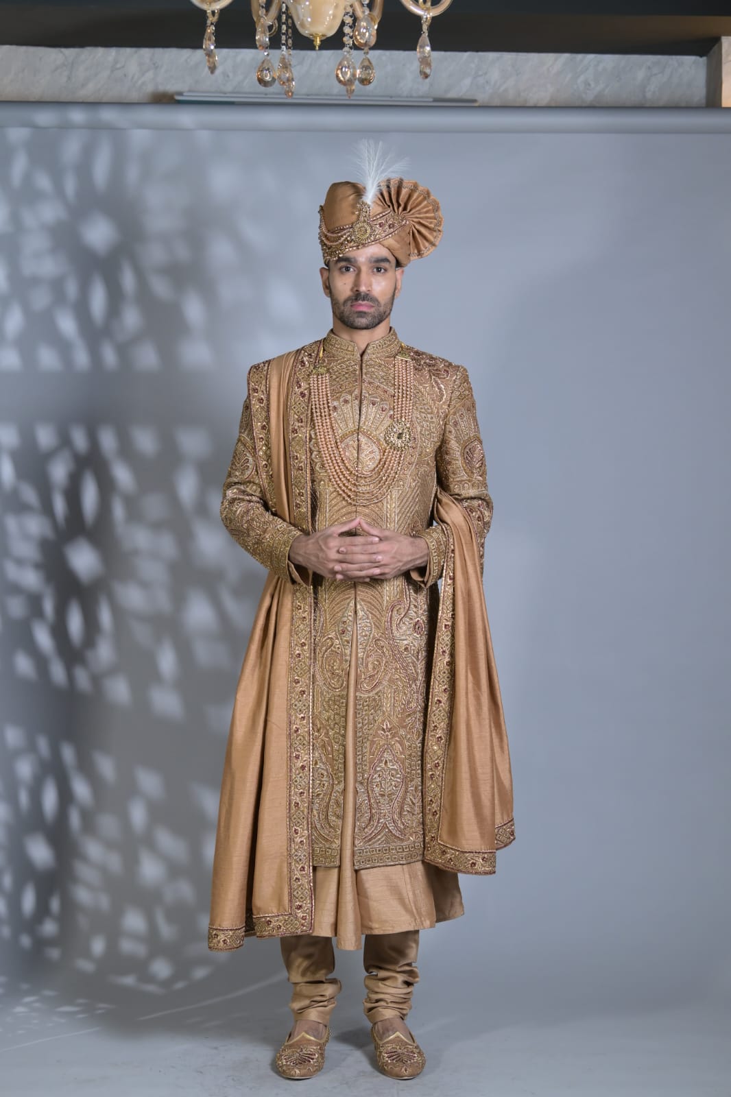 Dark Beige Silk Sherwani And Kurta Set