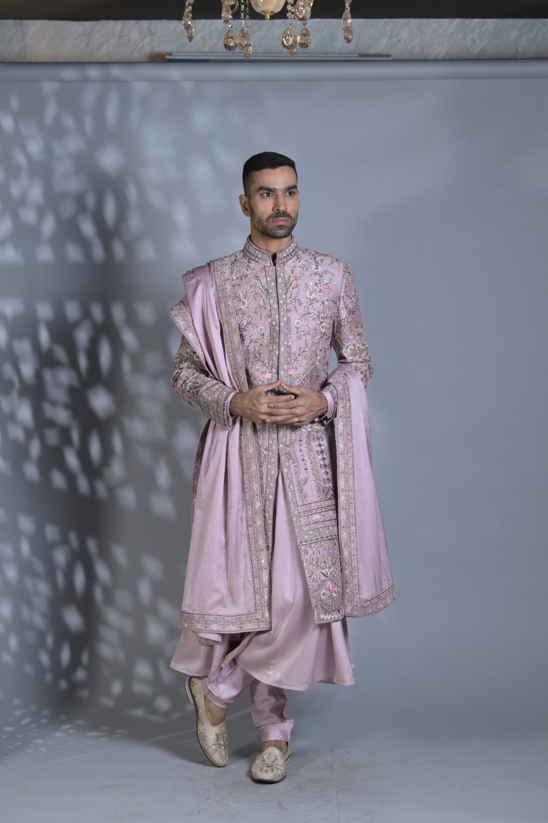 Lilac Purple Silk Shervani Set