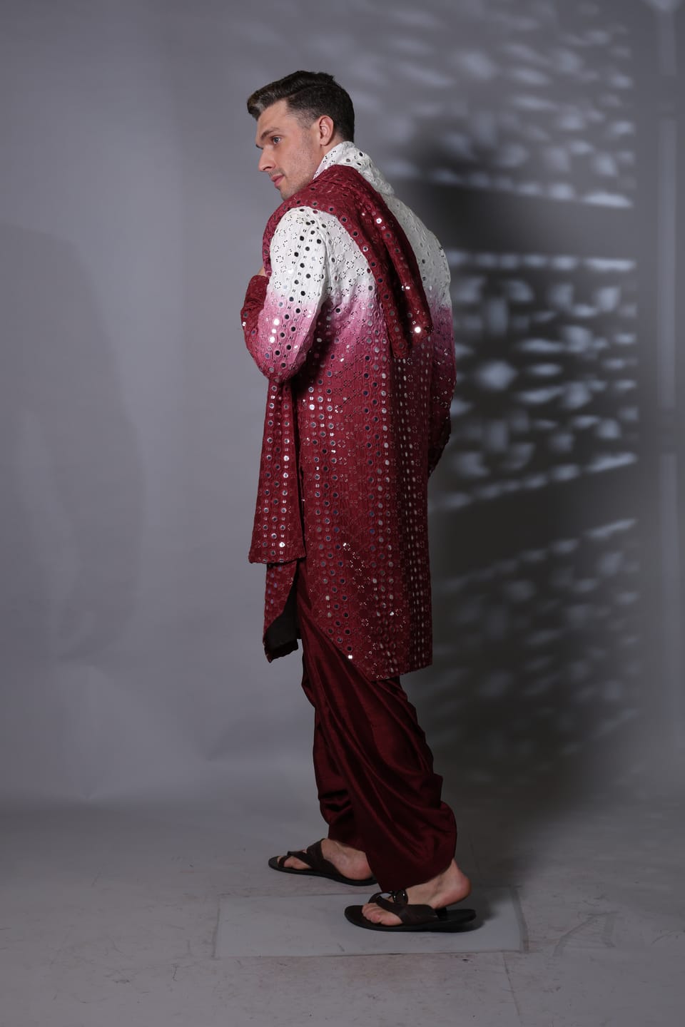 Maroon Mirror Work Kurta Set With Stole