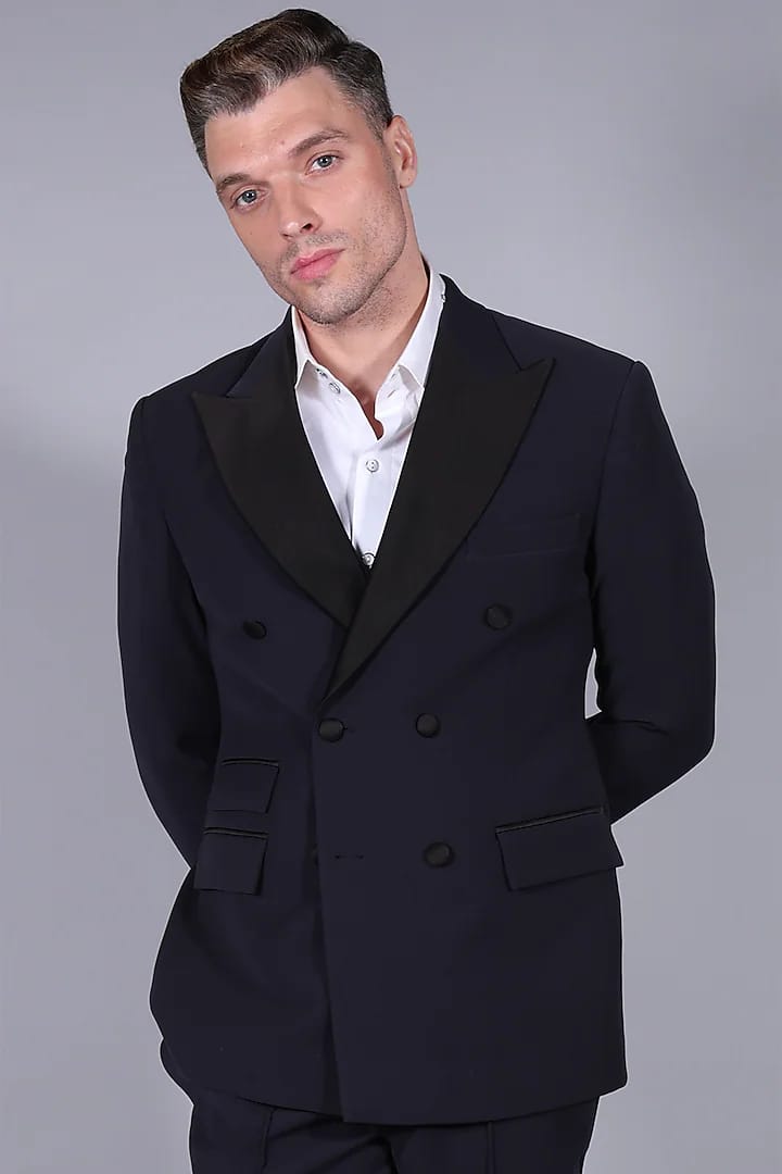 Navy Tuxedo Suit With Broad Peak Lapels