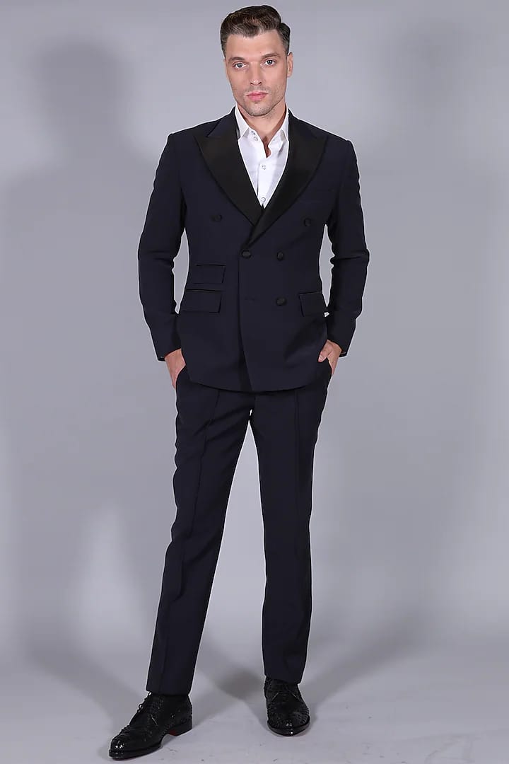 Navy Tuxedo Suit With Broad Peak Lapels