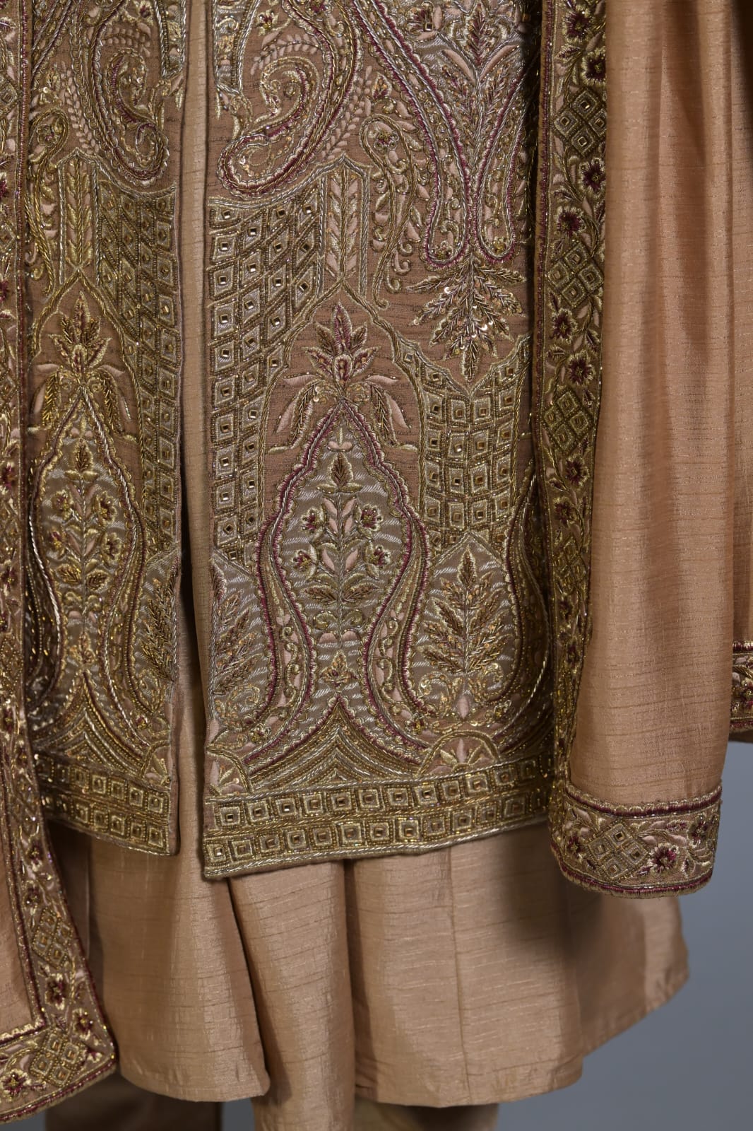 Dark Beige Silk Sherwani And Kurta Set