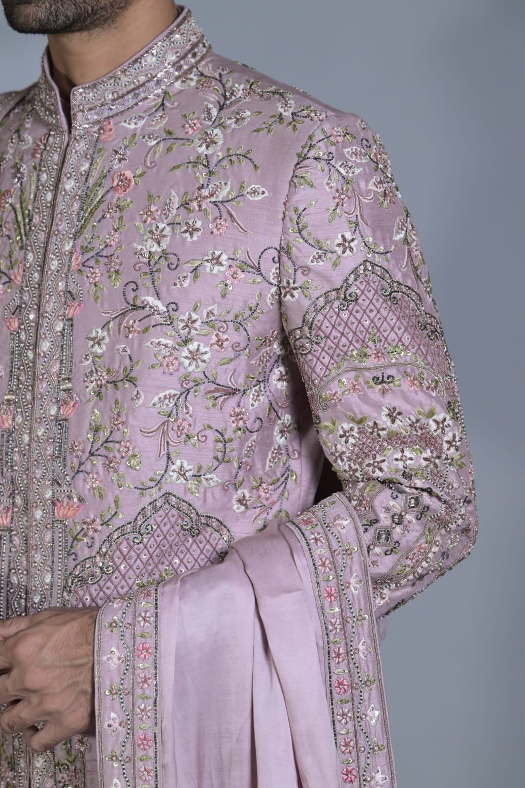 Lilac Purple Silk Shervani Set