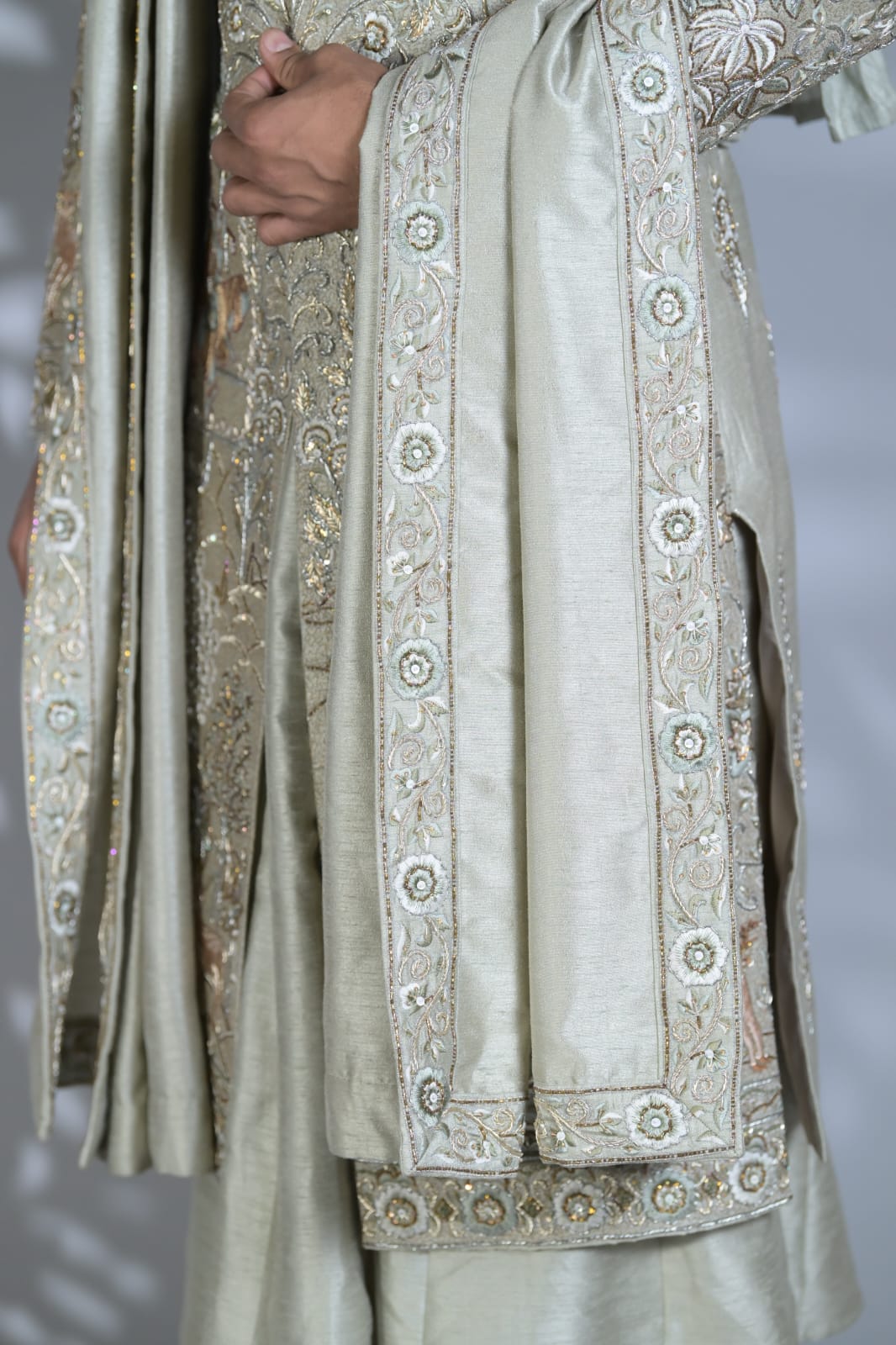 Smoke Grey Sherwani Set With Matching Churidar