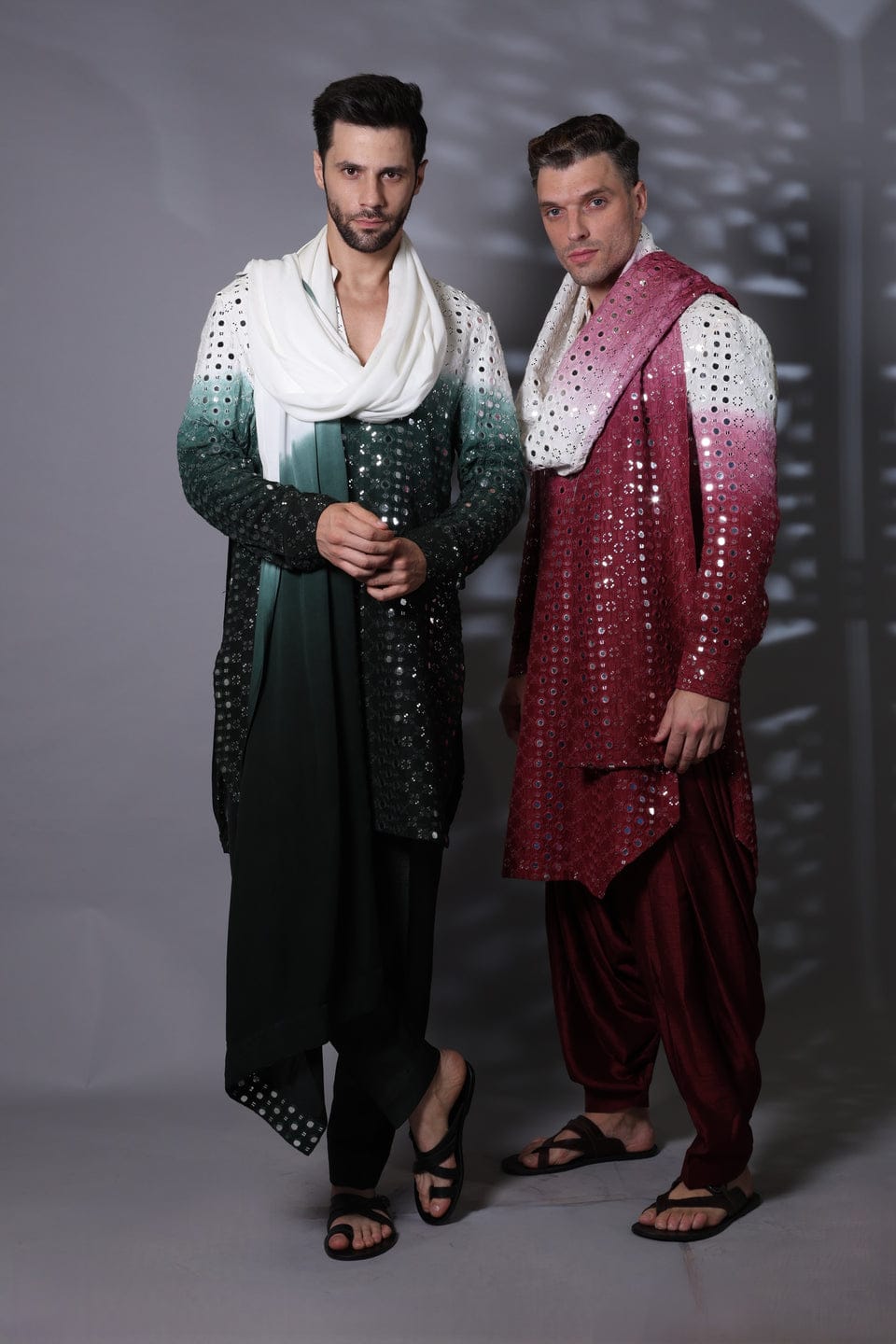 Bottle Green Mirror Work Kurta Set With Stole