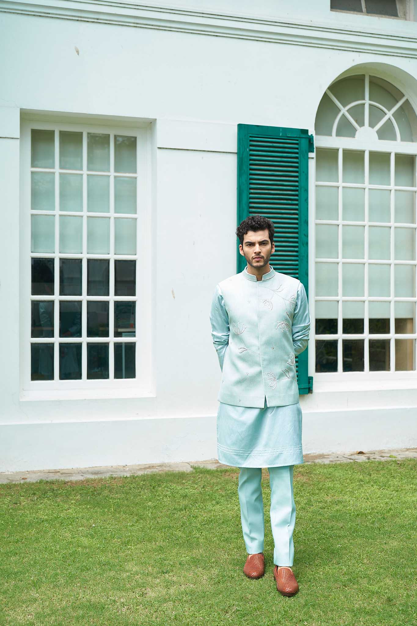 Navy Blue Color Silk Fabric Kurta Set with Nehru Jacket Online