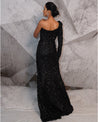 Draped in the midnight elegance of black, this gown speaks volumes with its glittering sequins and a touch of 3D feathers.