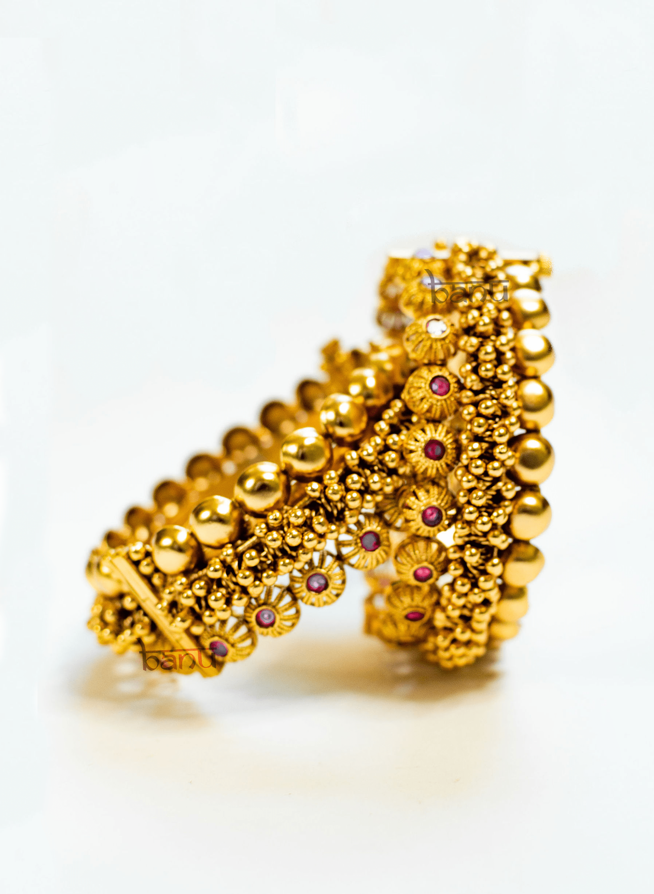 Pothi - Gold Kada Bracelet for Women w/ Cluster Gold balls & Ruby Stone Setting
