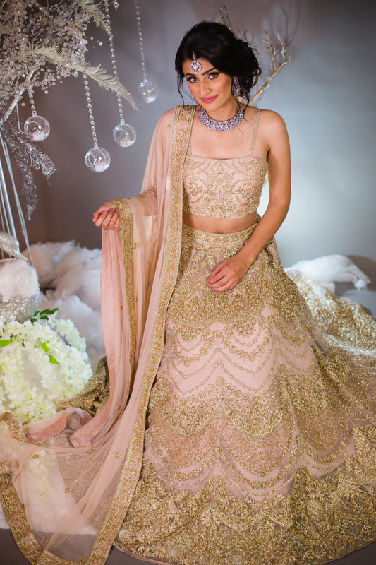 Nude net designer Lehenga choli with heavy Zari, Crystal & Sequins embroidery