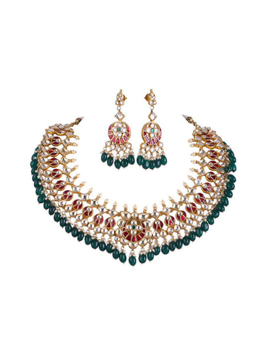 Ahmedabadi Kundan Bridal Set with Multi-Crystal Pearl Glass Drops - bAnuDesigns