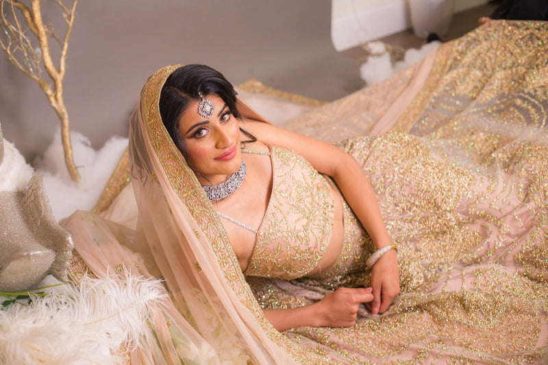 Nude net designer Lehenga choli with heavy Zari, Crystal & Sequins embroidery