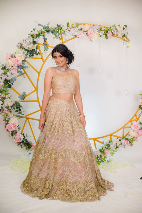 Nude net designer Lehenga choli with heavy Zari, Crystal & Sequins embroidery 