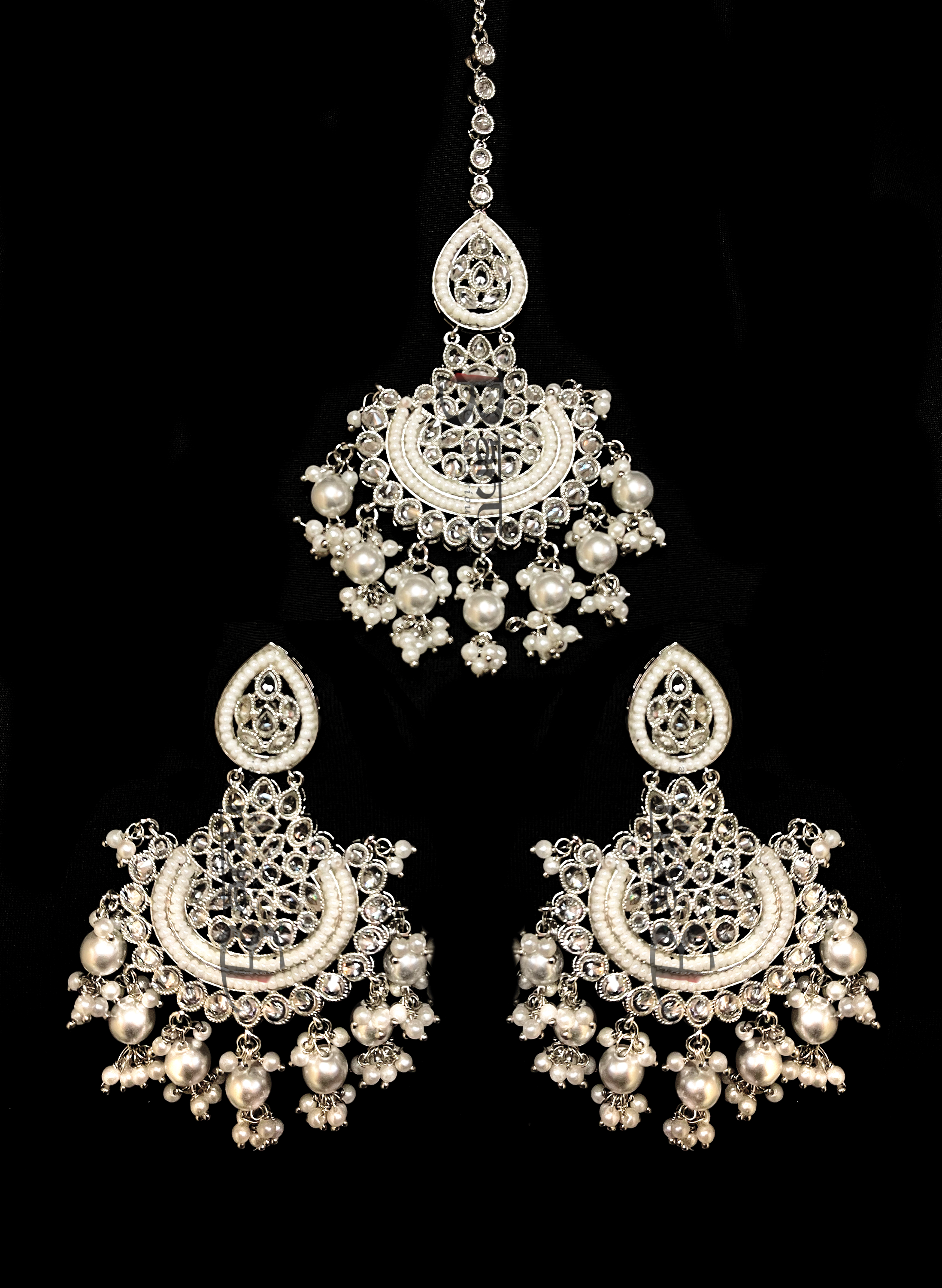 Silver plated kundan jewelry with pearl drops