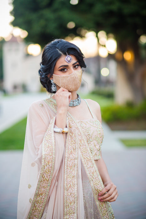Nude net designer Lehenga choli with heavy Zari, Crystal & Sequins embroidery