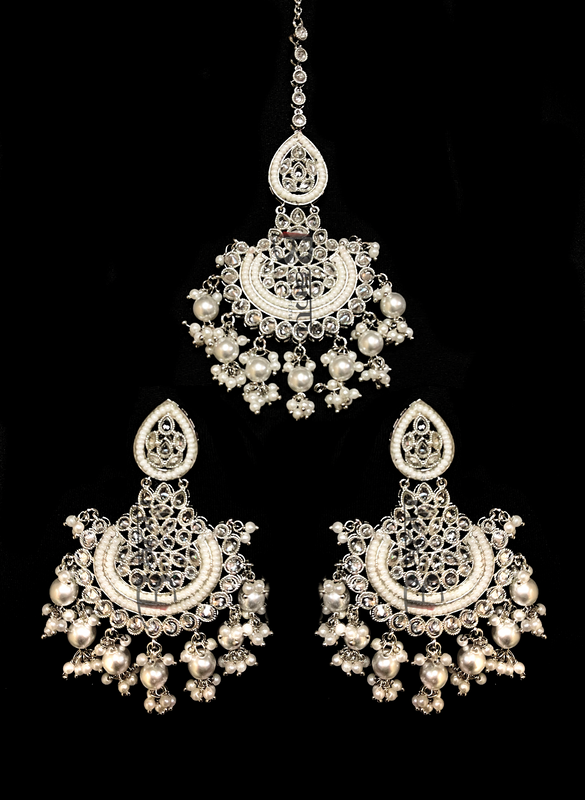 Silver plated kundan jewelry with pearl drops
