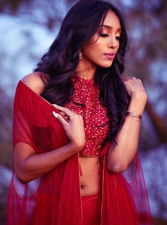 Red lehenga in saree style