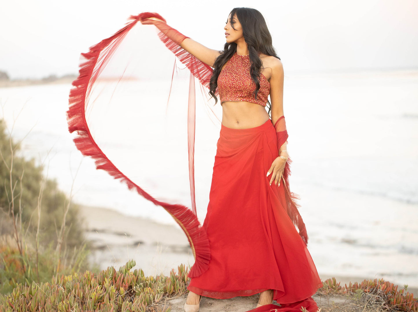 Red lehenga in saree style