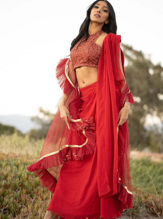 Red lehenga in saree style