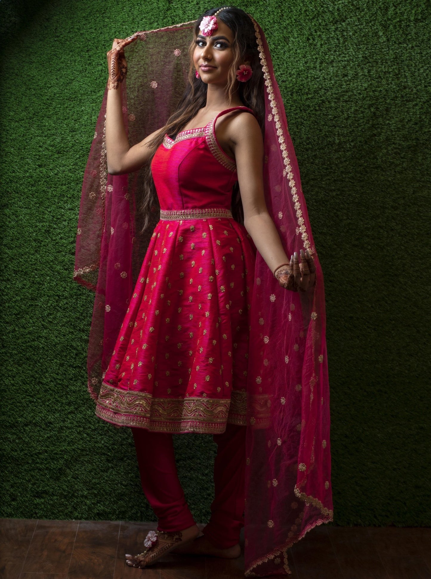Hand-embroidered Dupion Silk Knee-length Fuchsia Pink Short Anarkali