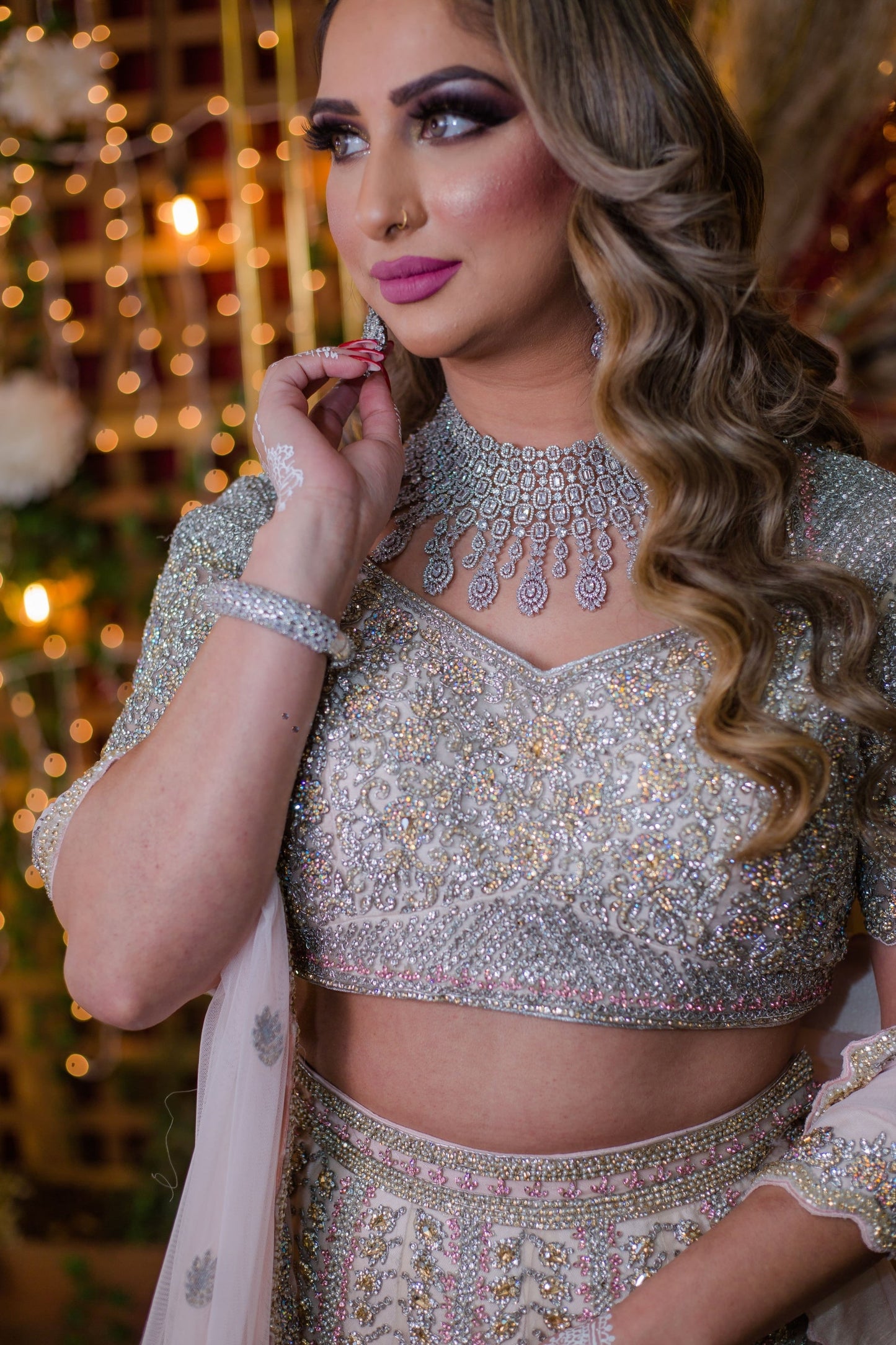 Baby Pink Netted Lehenga Choli with heavy Crystal and Sequins handwork
