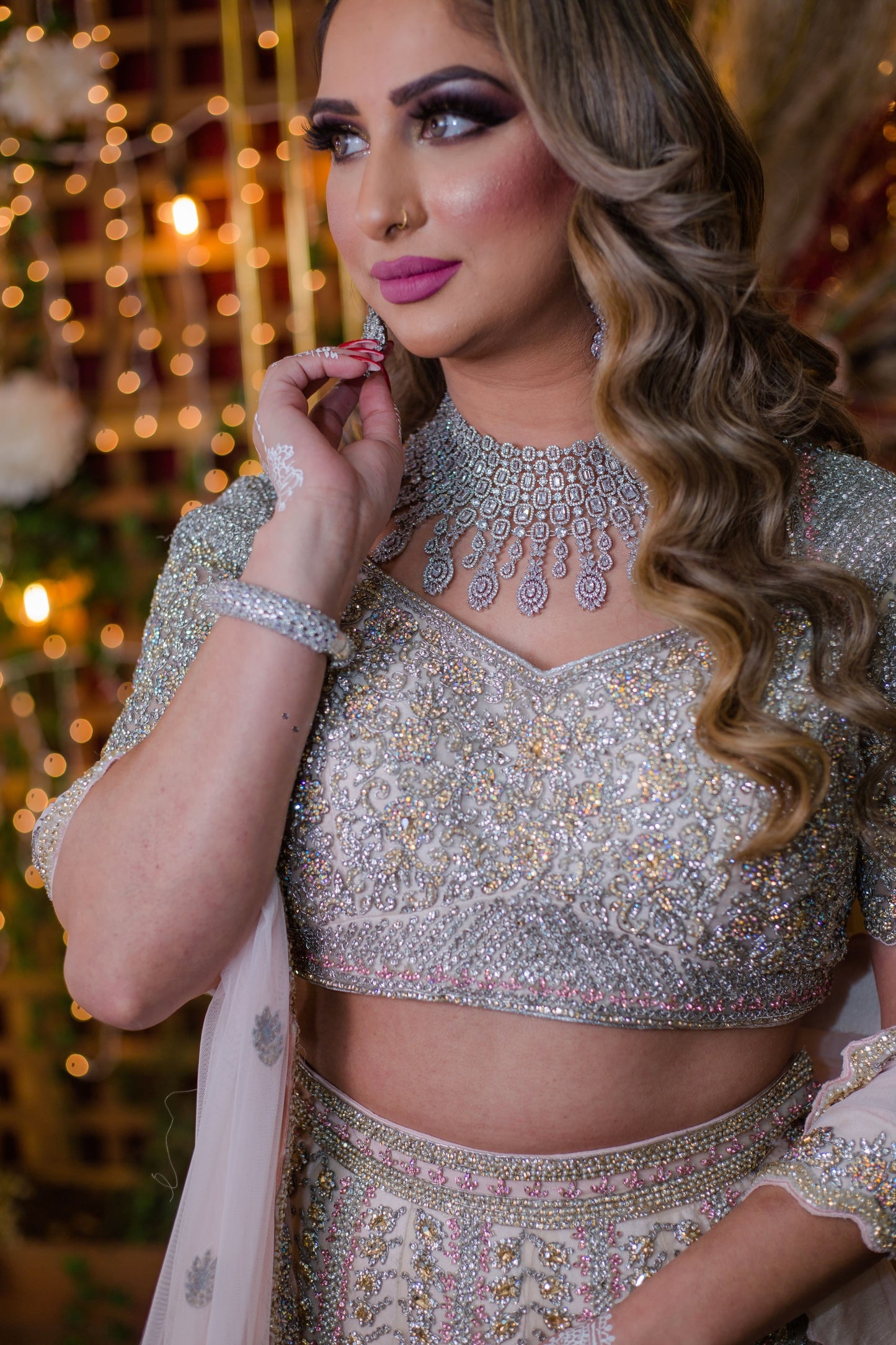 Load image into Gallery viewer, Baby Pink Netted Lehenga Choli with heavy Crystal and Sequins handwork
