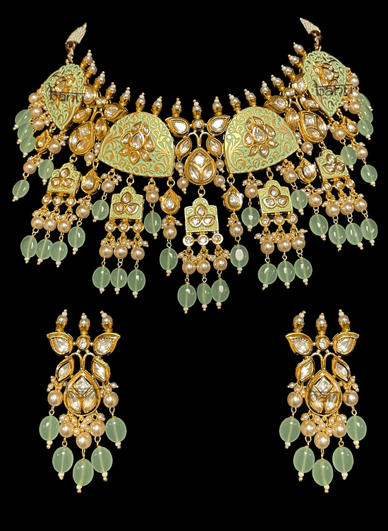 Nadan - Indian Modern Bridal Choker w/ Green Meenakari, Kundan & Pearls