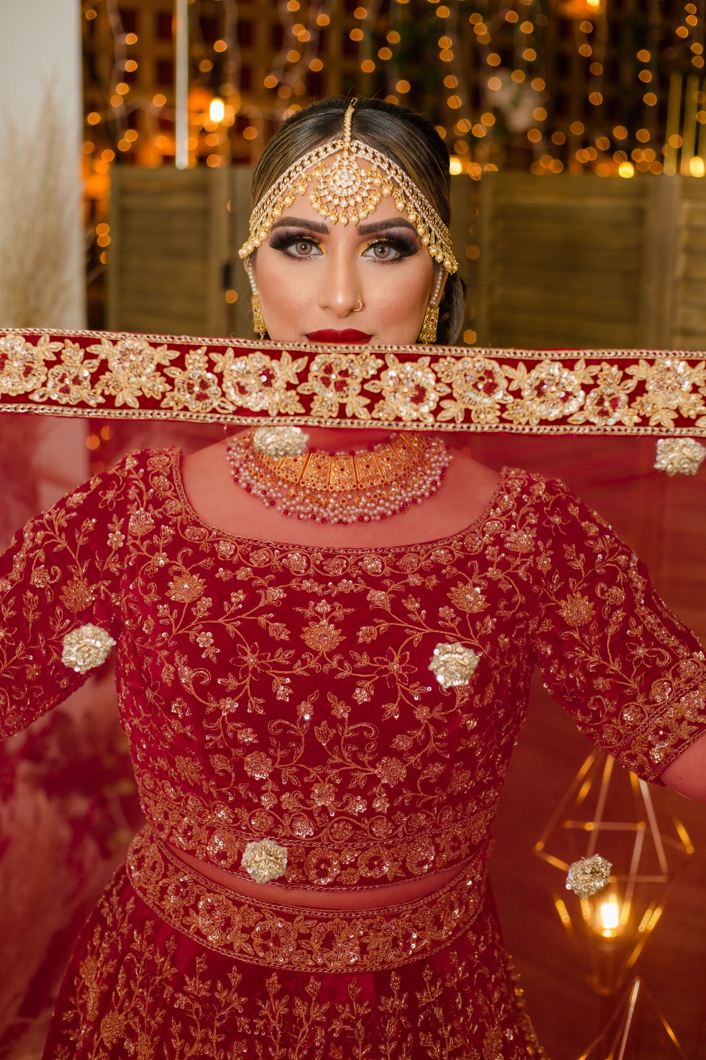 Burgundy velvet bridal lehenga choli with Zerkon, Dabka & Cutdana handwork