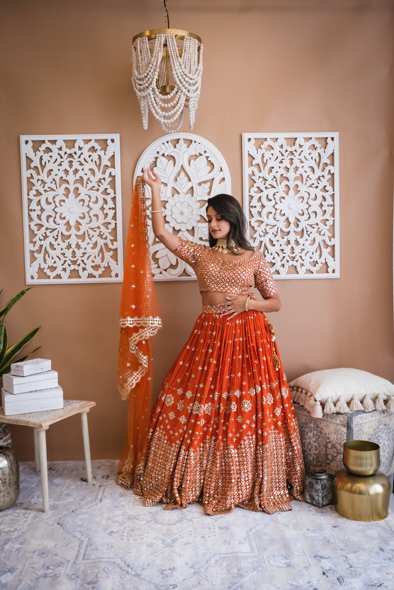 Orange,Cream Colour Banglori Silk Fabric Wedding Lehenga Choli.