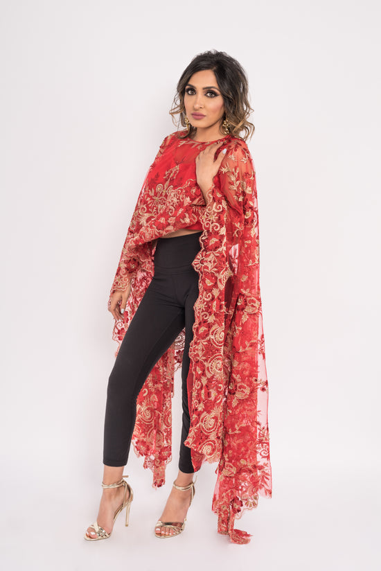 Juliette Cape Lengha - Red Cape Top w/Tassel Skirt - bAnuDesigns