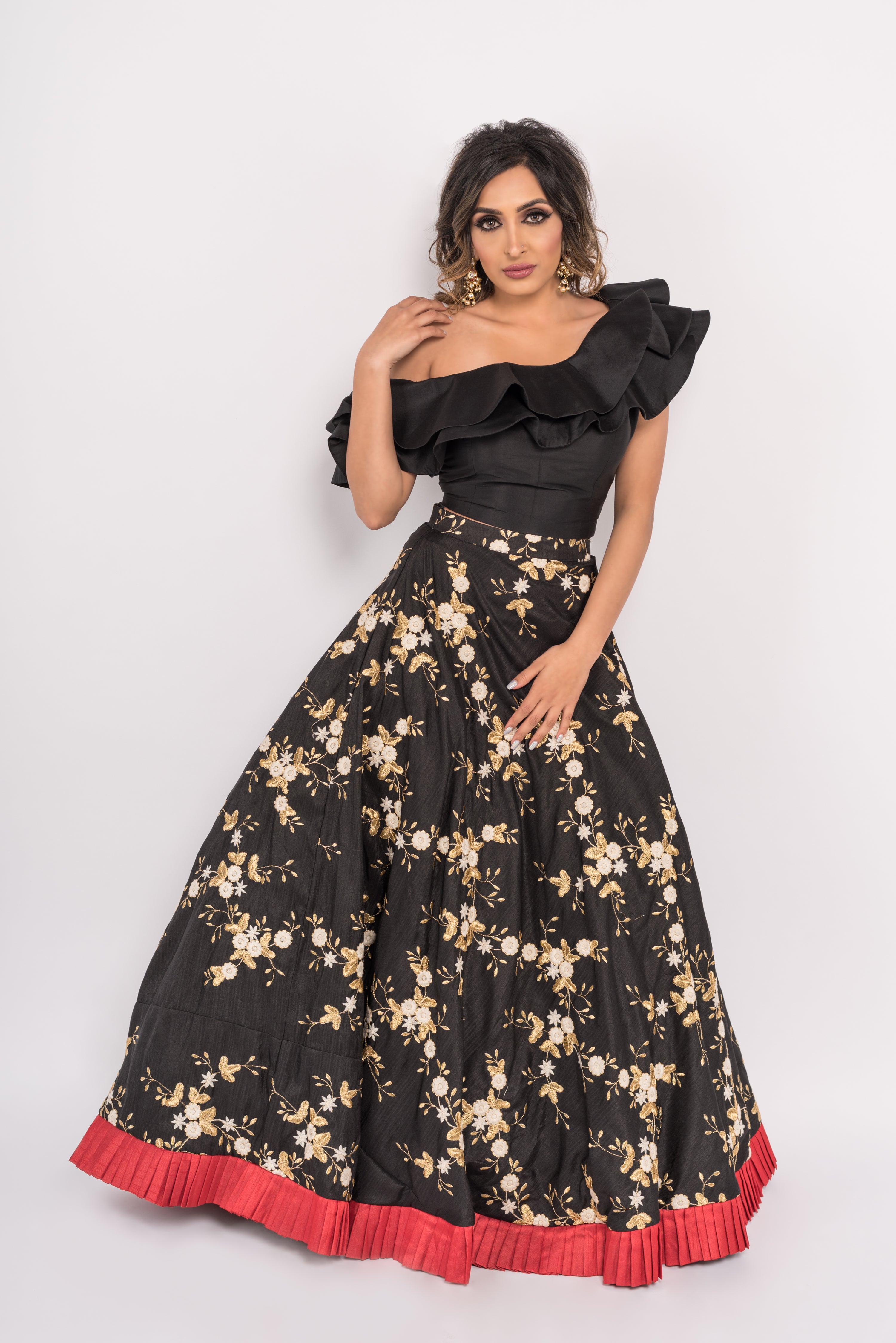 Eros Lengha - One shoulder crop top with black embroidered Lengha - bAnuDesigns