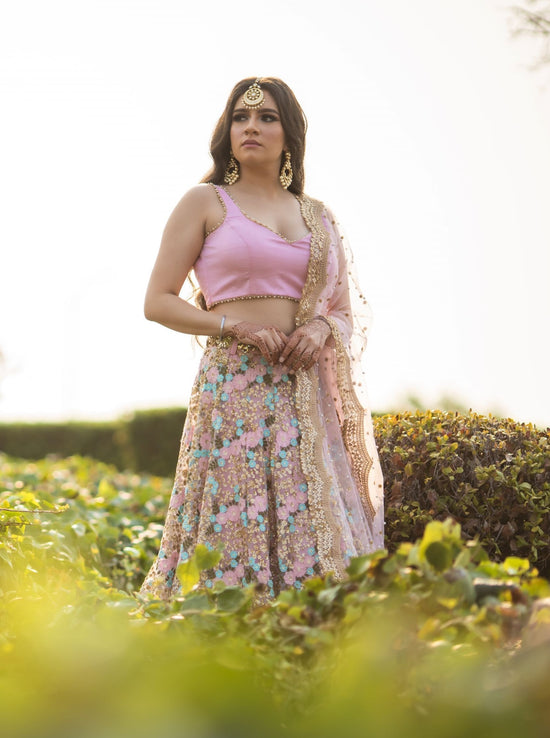Load image into Gallery viewer, Baby Pink Net Lehenga with Sweetheart Neckline Blouse
