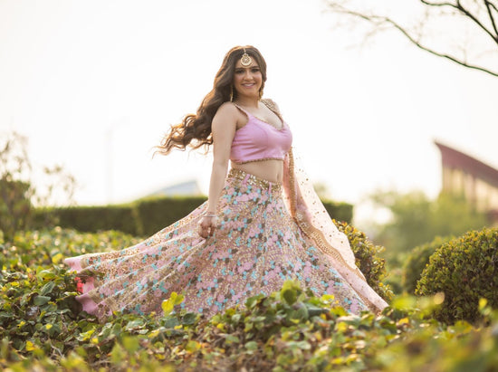 Load image into Gallery viewer, Baby Pink Net Lehenga with Sweetheart Neckline Blouse
