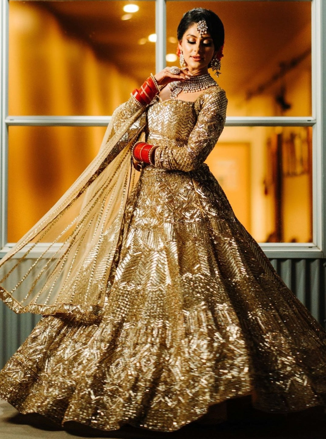 Buy Gold Net Embroidery Crystal U And Sequin Chandelier Bridal Lehenga Set  For Women by Seema Gujral Online at Aza Fashions.