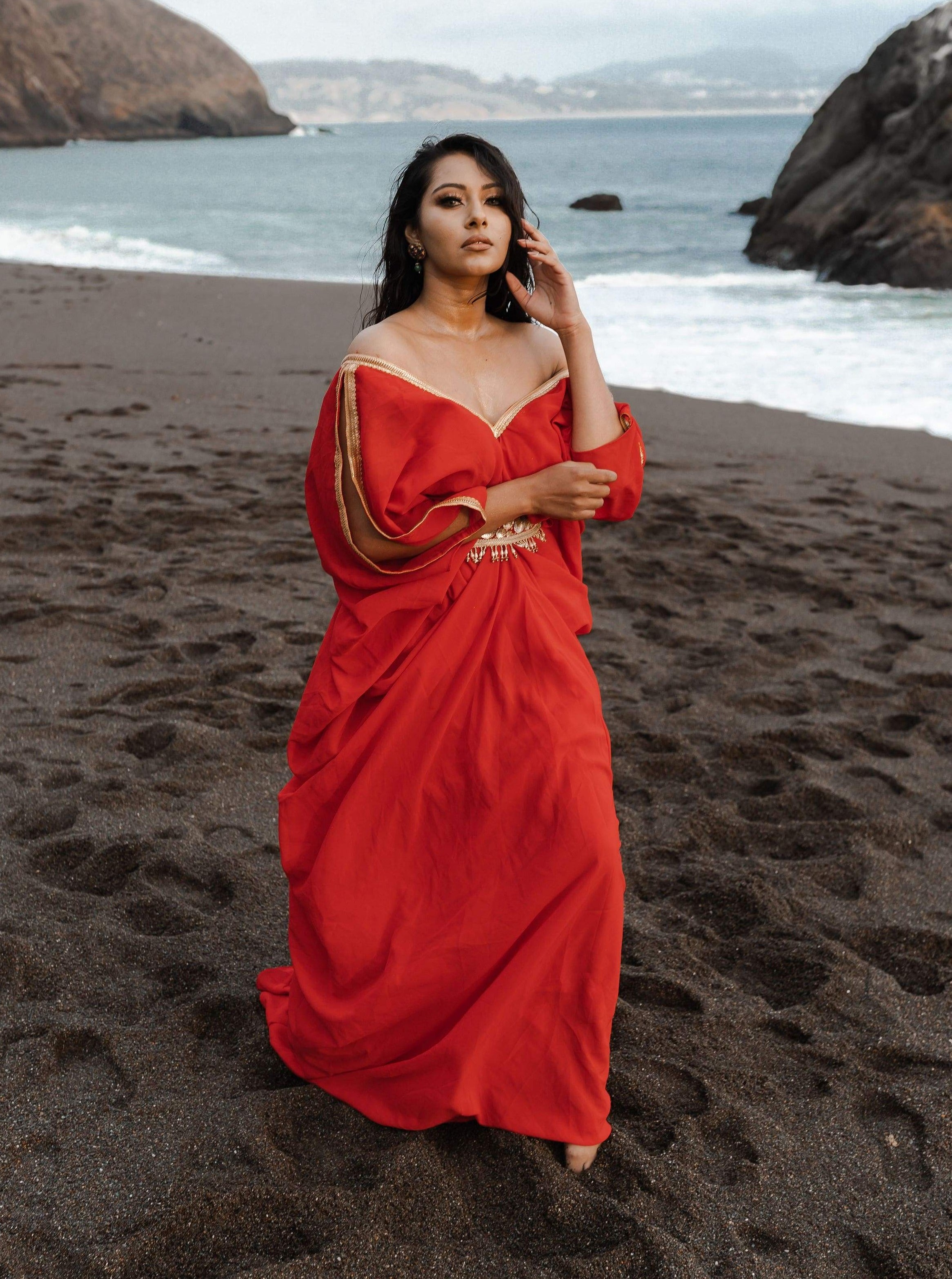 Red Georgette kaftan for beach in off-shoulder slit sleeves with embroidered adjustable belt