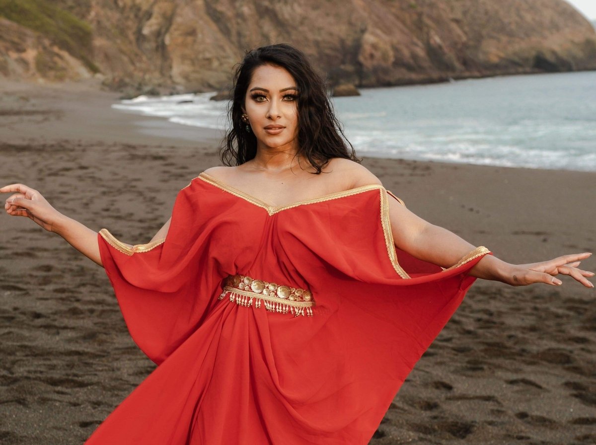 Riana: Red kaftan with belt, long beach dresses, custom made kaftans Banu Designs Riana: Red kaftan with belt, long beach dresses, custom made kaftans Banu Designs