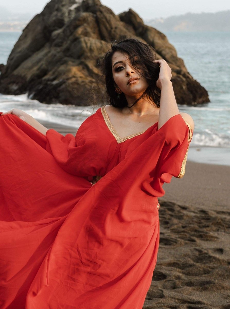 kaftan red dress ELARA Belted Kaftan Dress in Poppy Red