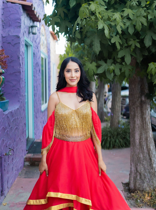 Layered Lehenga - Gold Fringe Crop Top with Chiffon Tiered Lengha