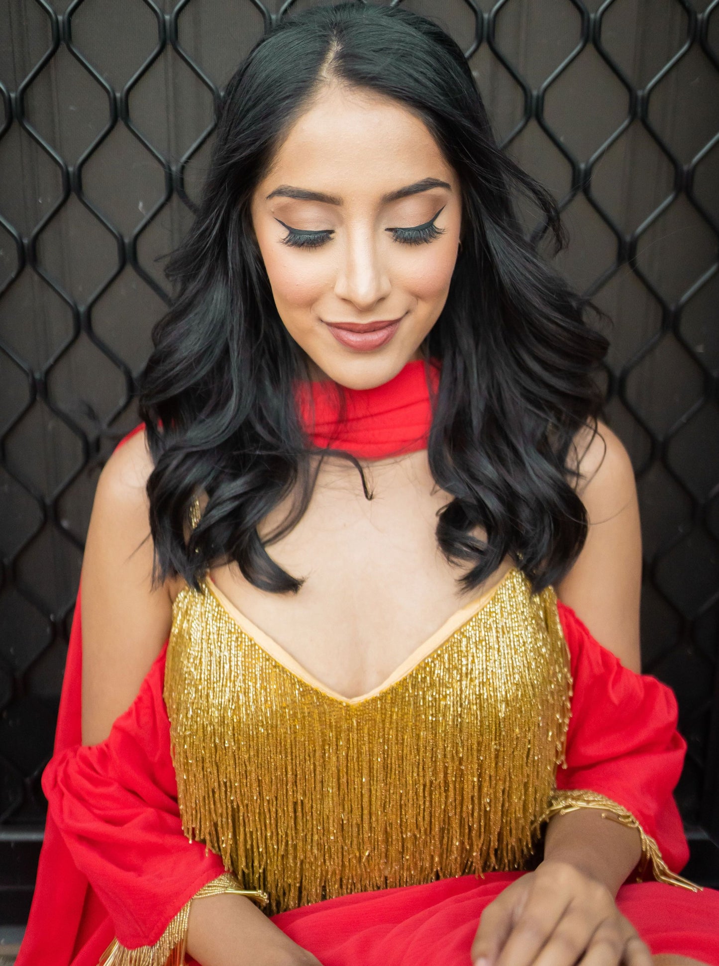 Layered Lehenga - Gold Fringe Crop Top with Chiffon Tiered Lengha