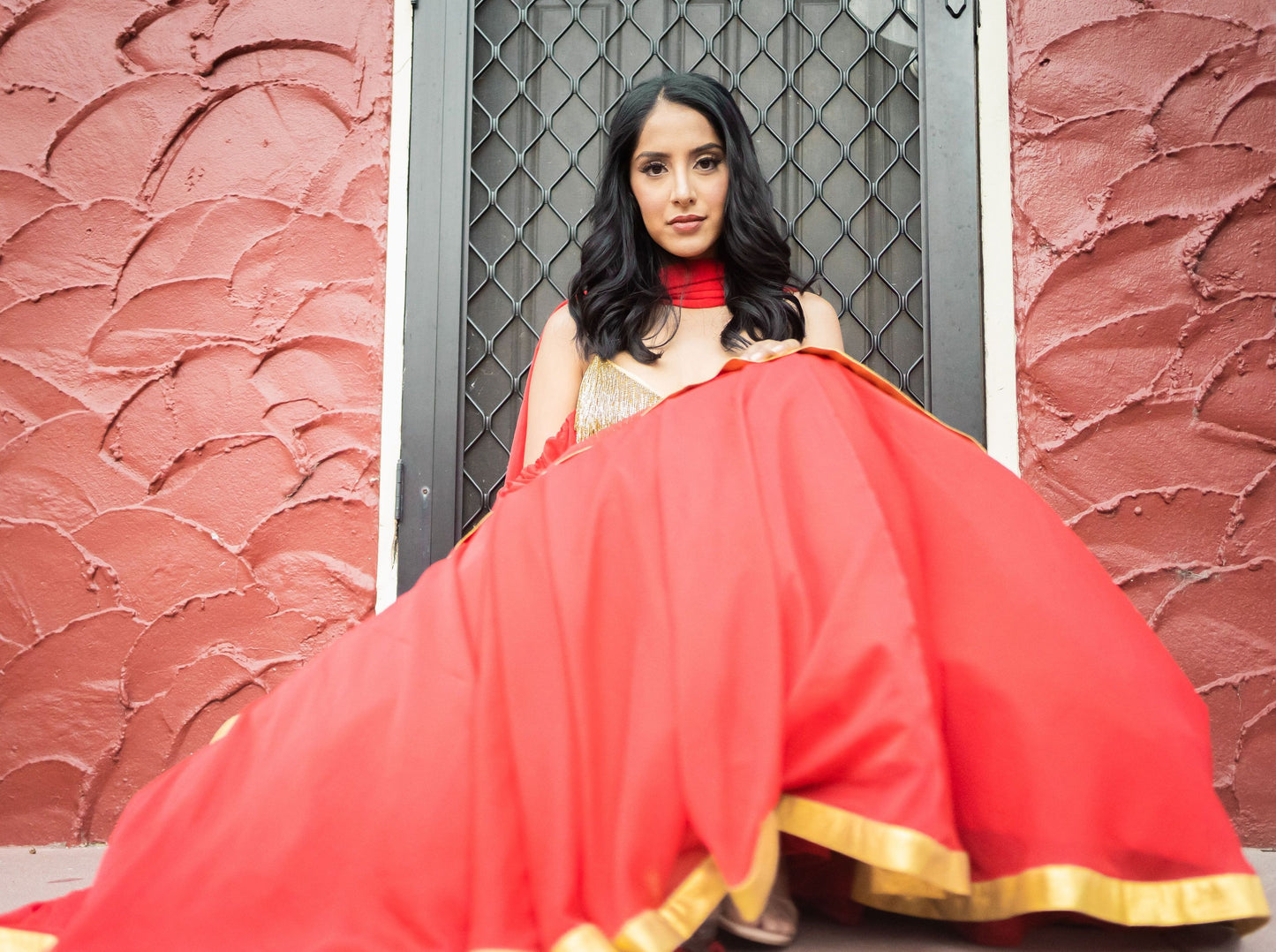 Layered Lehenga - Gold Fringe Crop Top with Chiffon Tiered Lengha