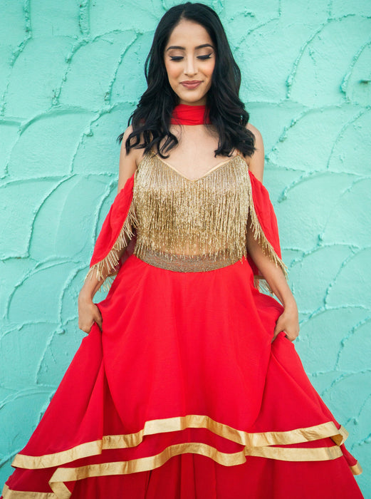 Layered Lehenga - Gold Fringe Crop Top with Chiffon Tiered Lengha