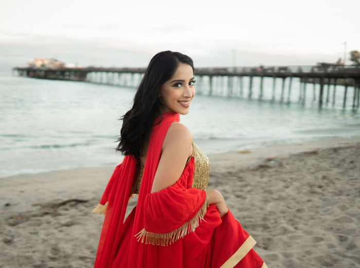 Layered Lehenga - Gold Fringe Crop Top with Chiffon Tiered Lengha