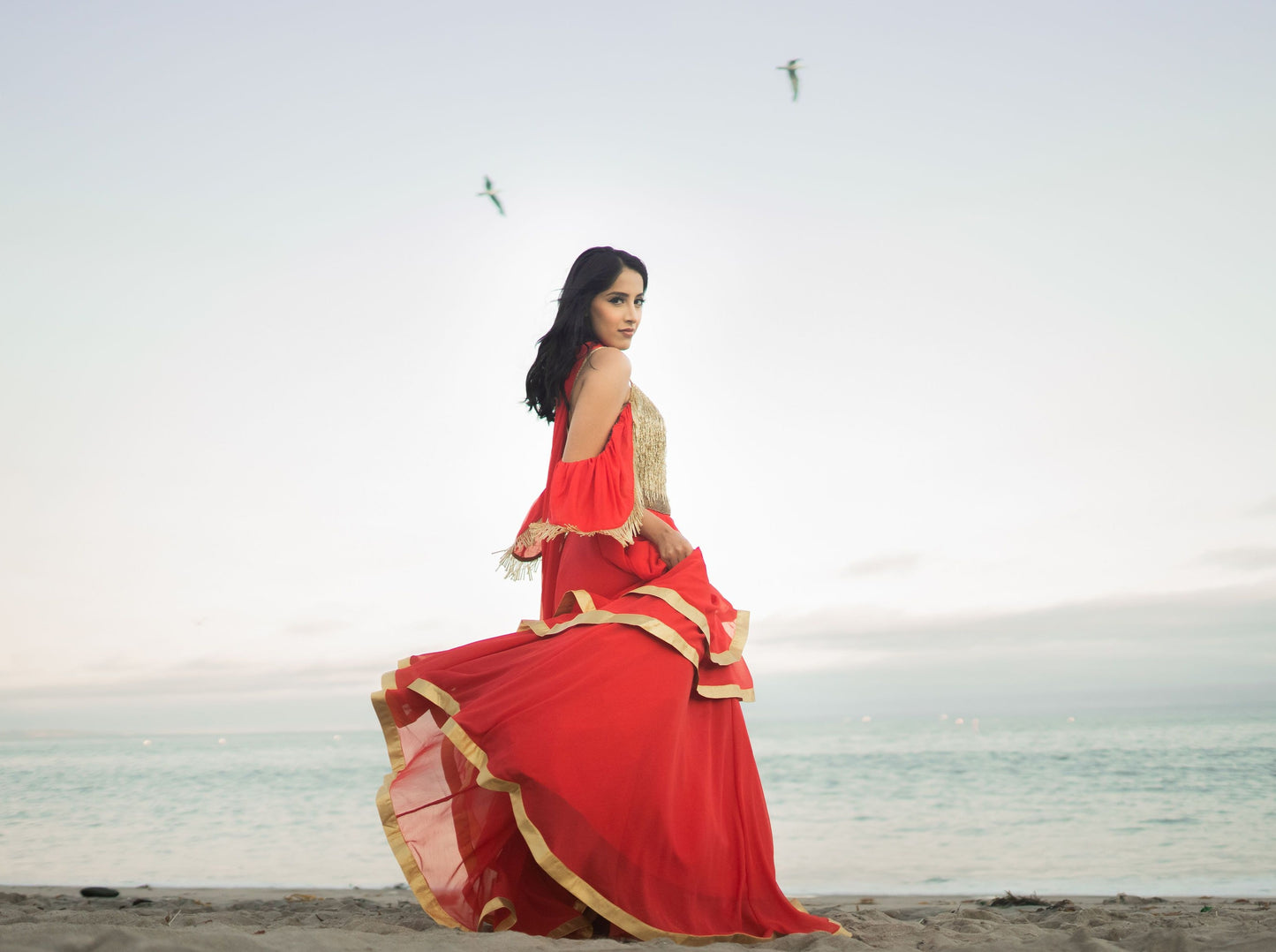 Layered Lehenga - Gold Fringe Crop Top with Chiffon Tiered Lengha