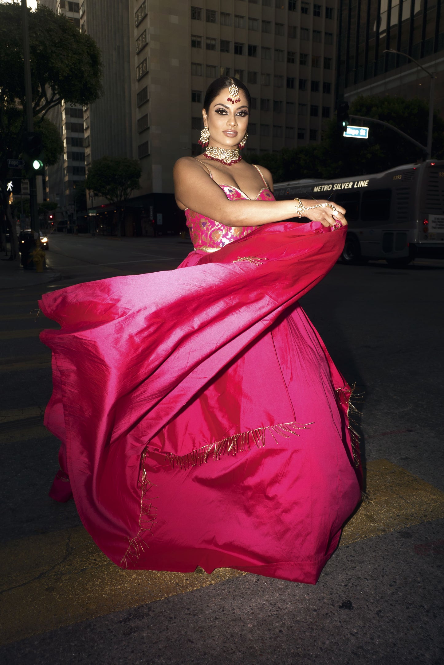 pink lehenga with corset blouse
