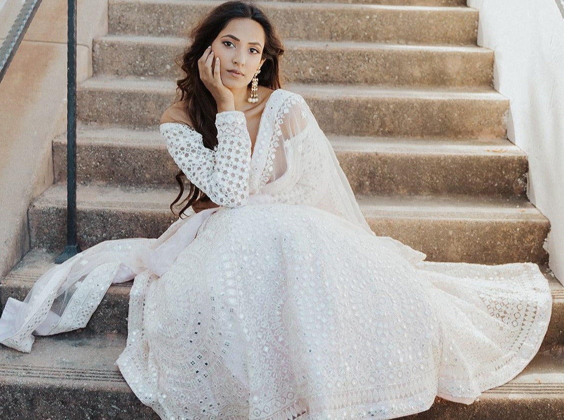 White Mirror Work Bridal Lengha