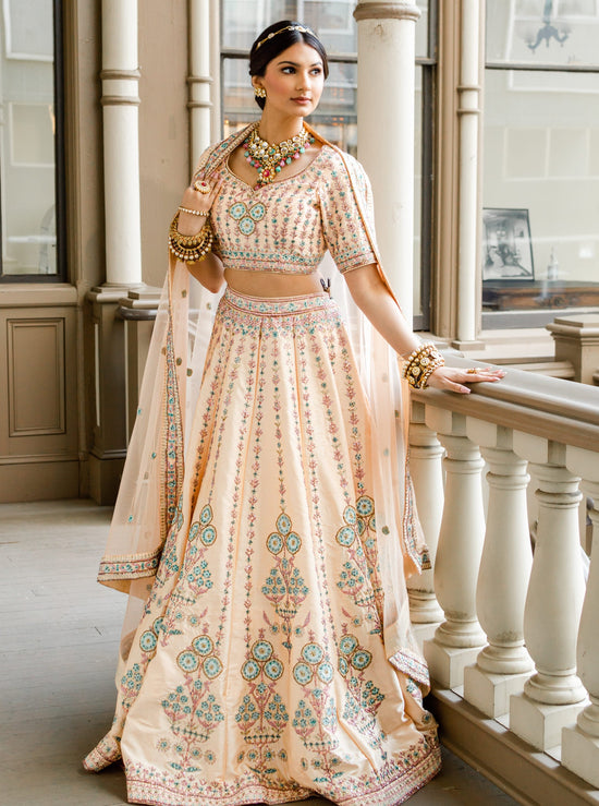 Load image into Gallery viewer, Peachy bridal lehenga with pastel embroidery
