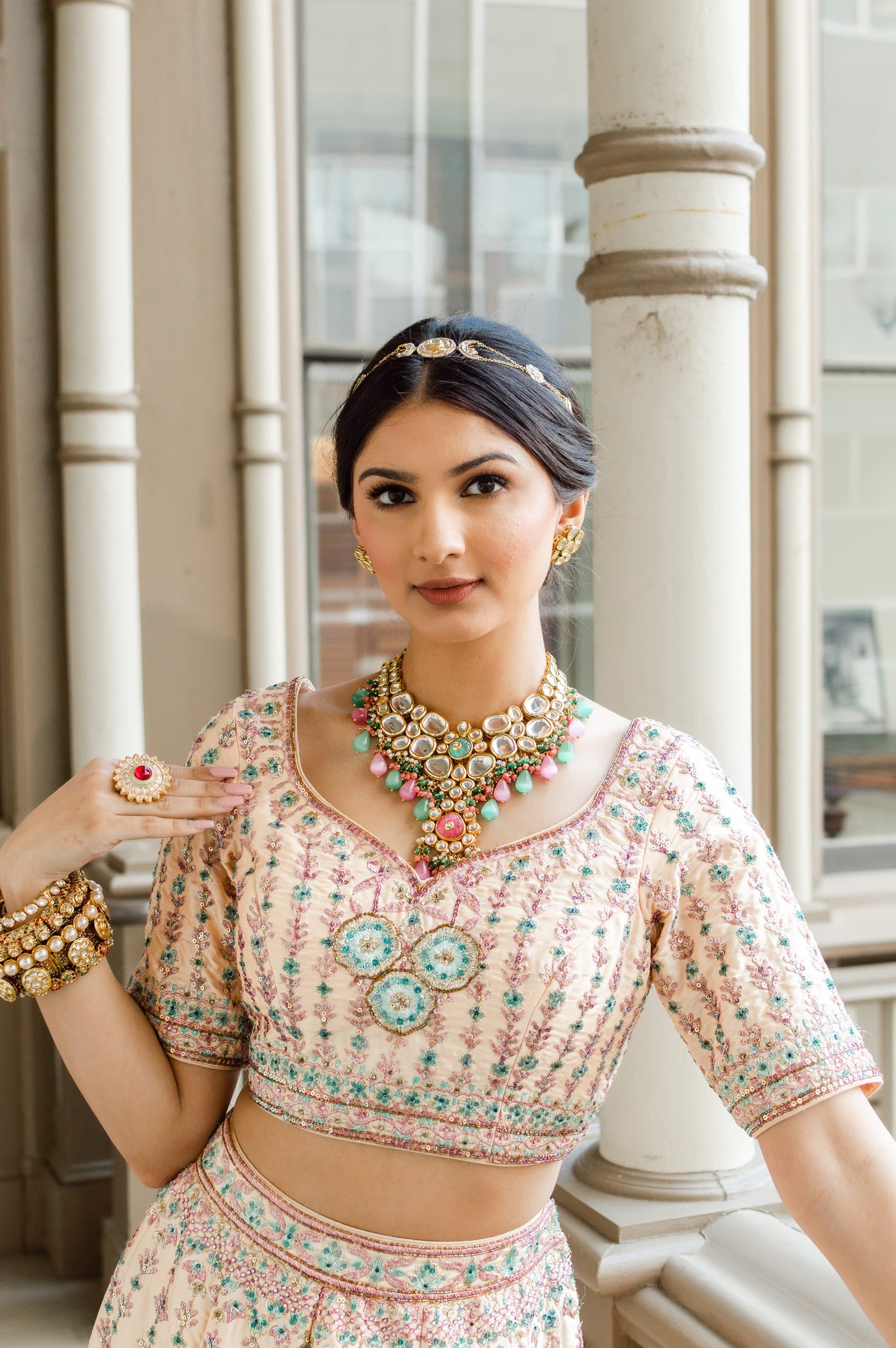 Dupion silk peach shaded blouse with Resham embroidery