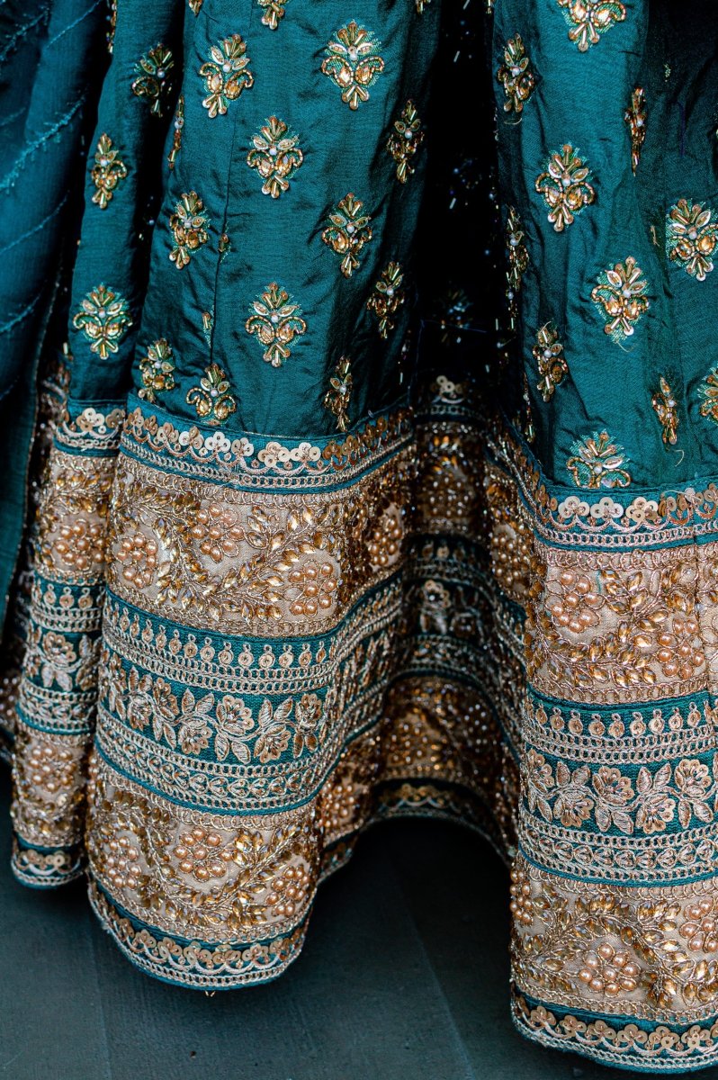 Modern Indian Bridalwear: Teal Green Wedding Lengha w/ Sequin & Dabka Banu Designs Modern Indian Bridalwear: Teal Green Wedding Lengha w/ Sequin & Dabka Banu Designs