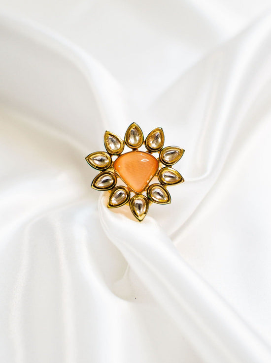 Load image into Gallery viewer, Orange stone ladies&amp;#39; ring with Kundan gemstones
