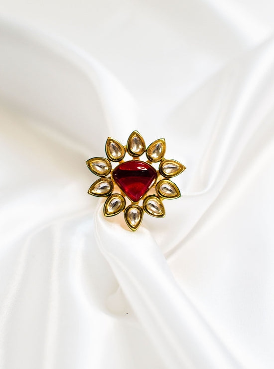 Load image into Gallery viewer, Ruby red women&amp;#39;s ring with Kundan &amp;amp; Onyx
