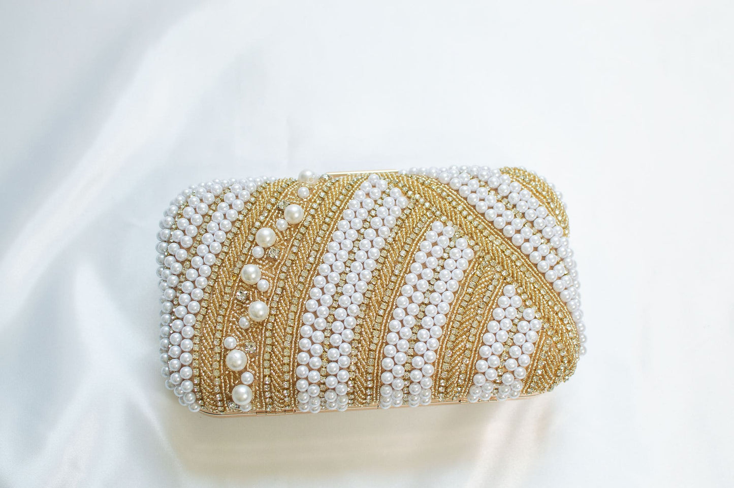 Gold and White Clutch - Women's pearl evening bag for bridal